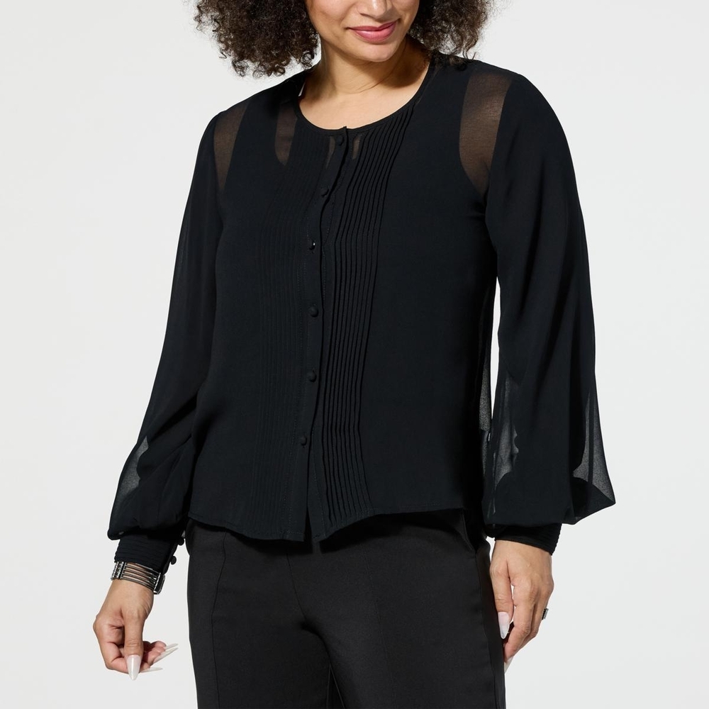 WynneLayers Elegant Black Sheer Sleeve Women's Top Size Large